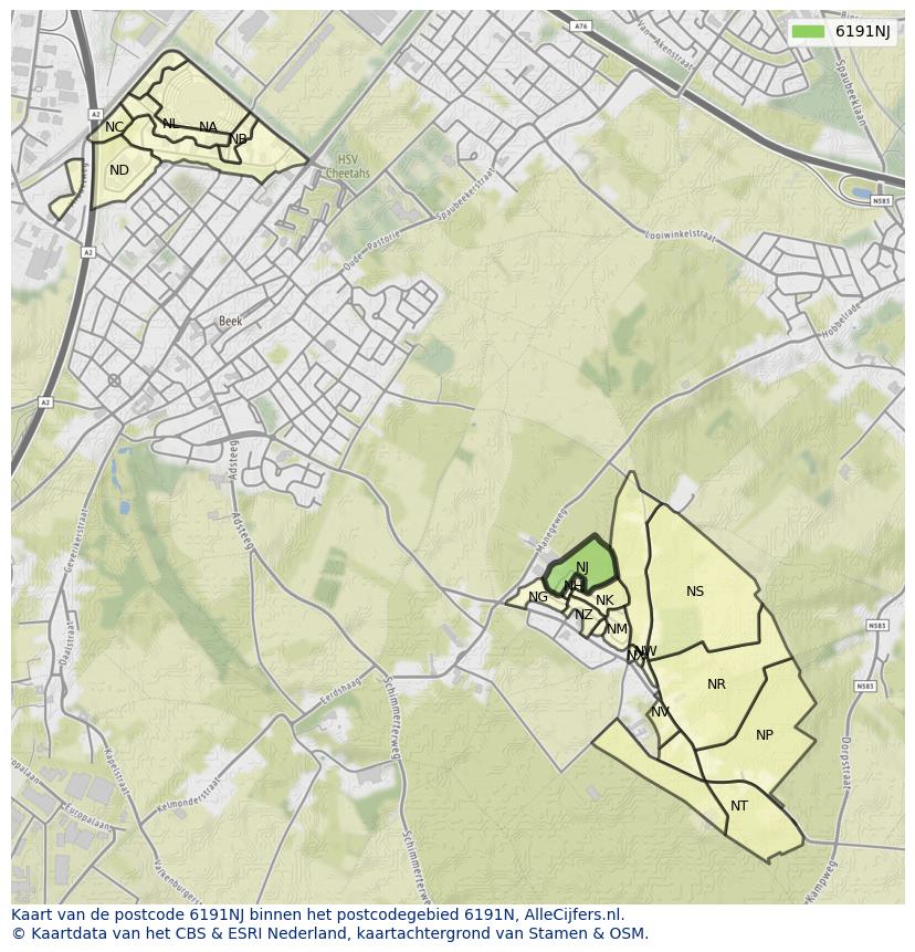 Afbeelding van het postcodegebied 6191 NJ op de kaart.