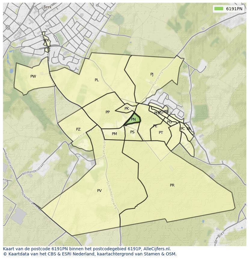 Afbeelding van het postcodegebied 6191 PN op de kaart.
