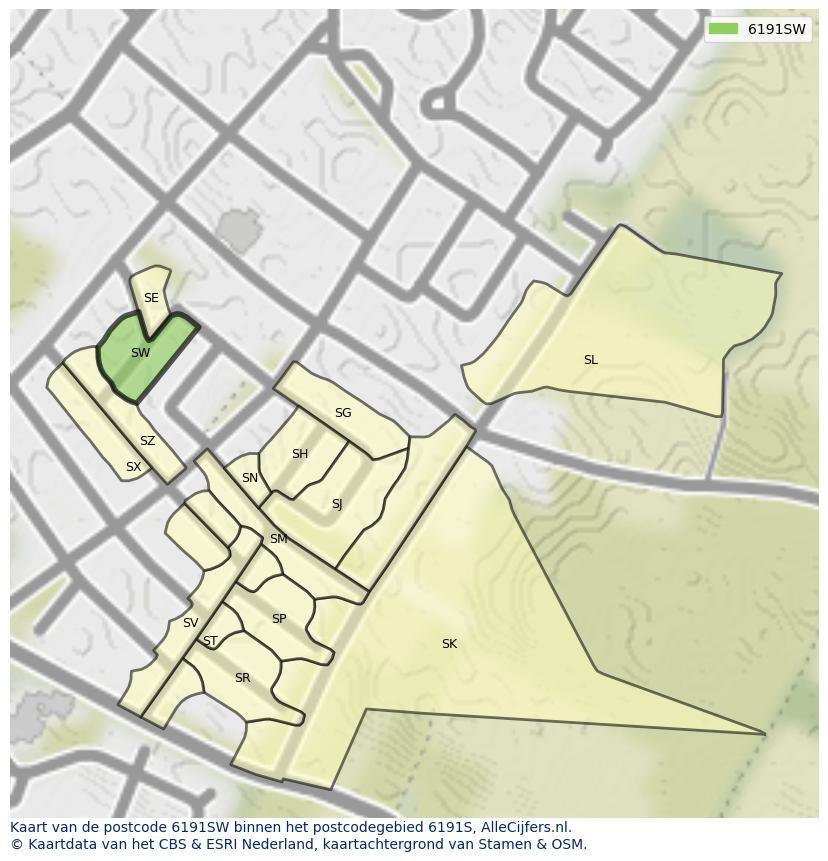 Afbeelding van het postcodegebied 6191 SW op de kaart.