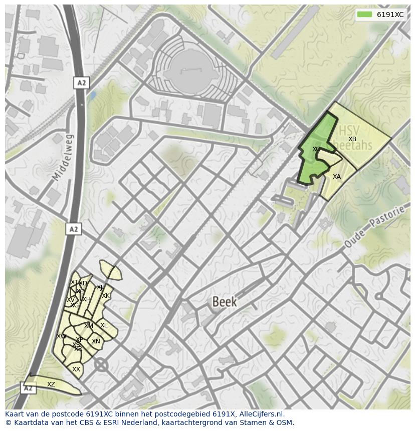 Afbeelding van het postcodegebied 6191 XC op de kaart.