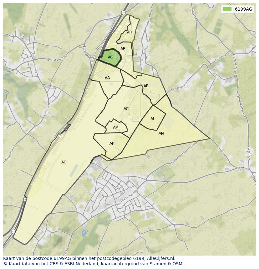 Afbeelding van het postcodegebied 6199 AG op de kaart.