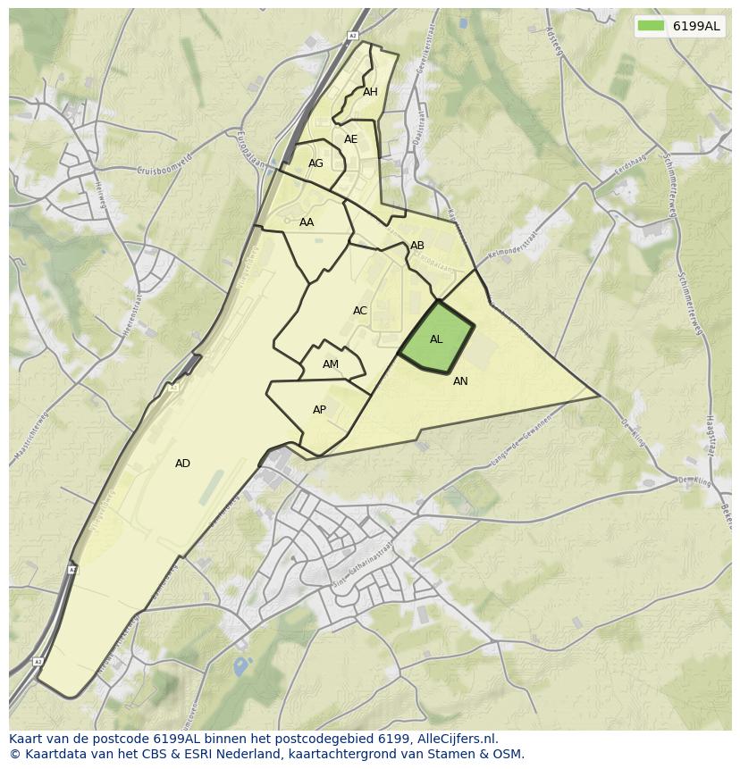 Afbeelding van het postcodegebied 6199 AL op de kaart.