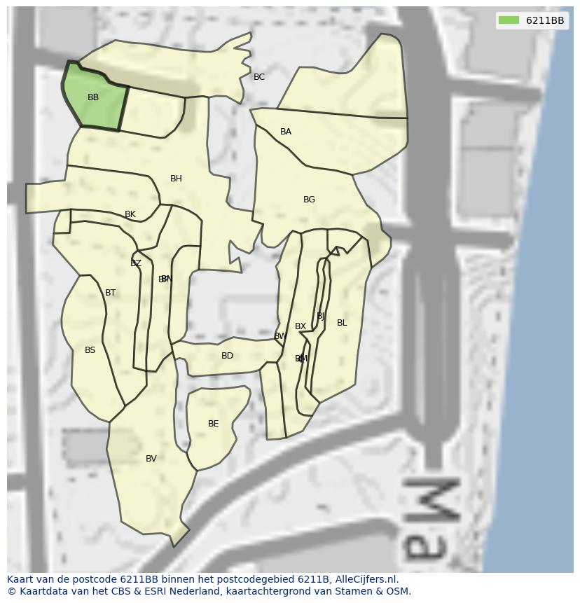Afbeelding van het postcodegebied 6211 BB op de kaart.