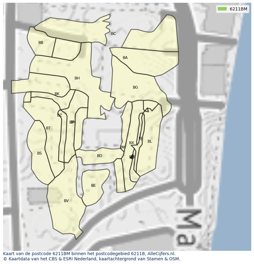 Afbeelding van het postcodegebied 6211 BM op de kaart.