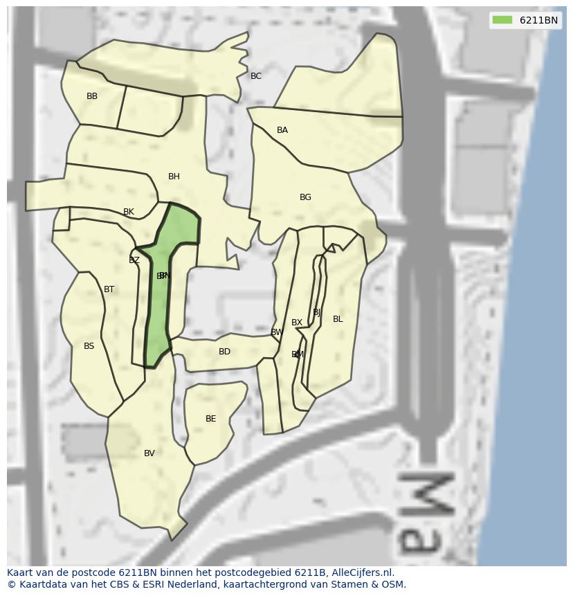 Afbeelding van het postcodegebied 6211 BN op de kaart.