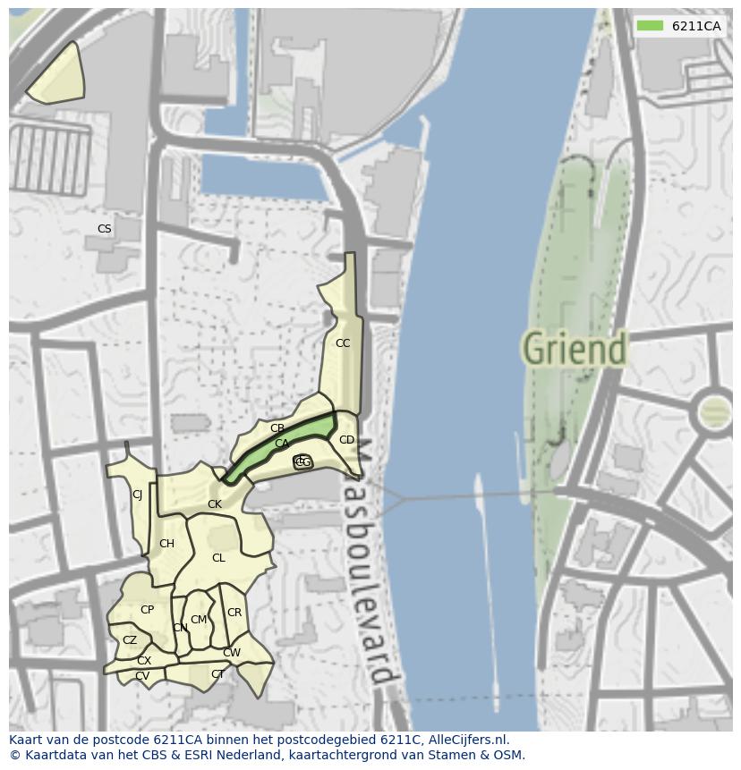 Afbeelding van het postcodegebied 6211 CA op de kaart.