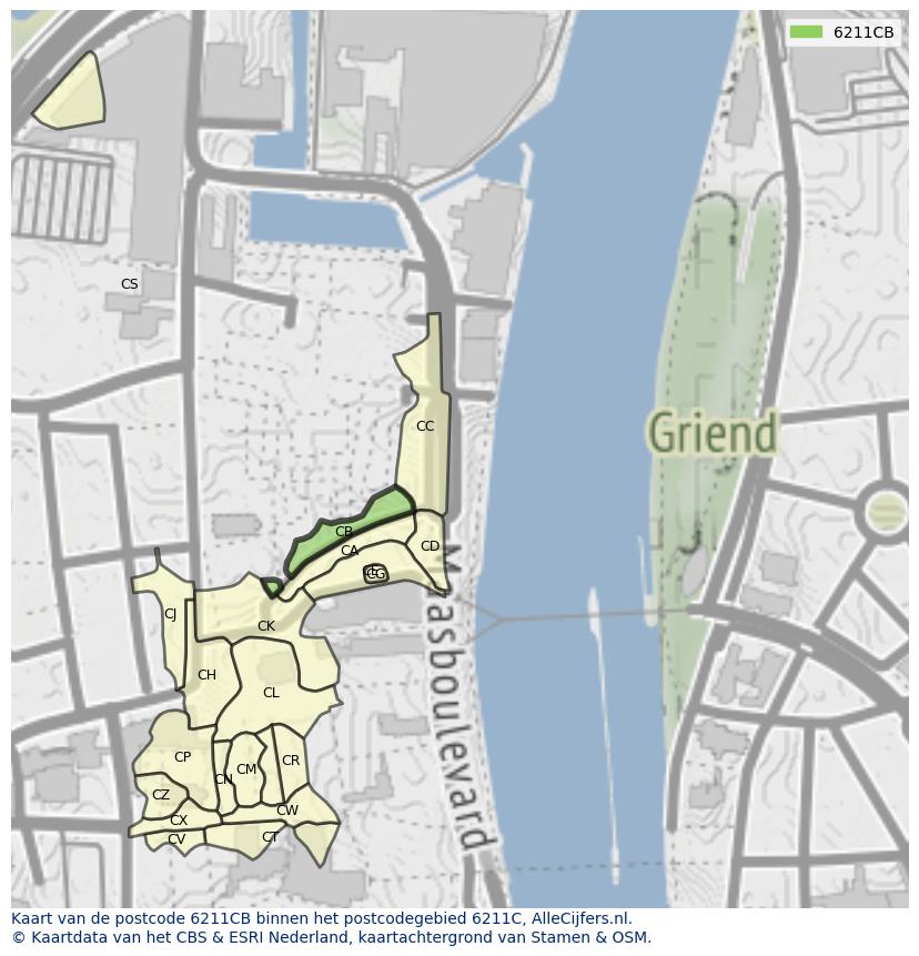 Afbeelding van het postcodegebied 6211 CB op de kaart.