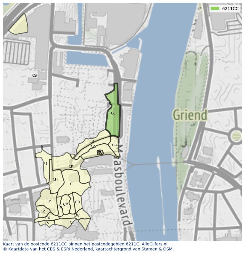 Afbeelding van het postcodegebied 6211 CC op de kaart.