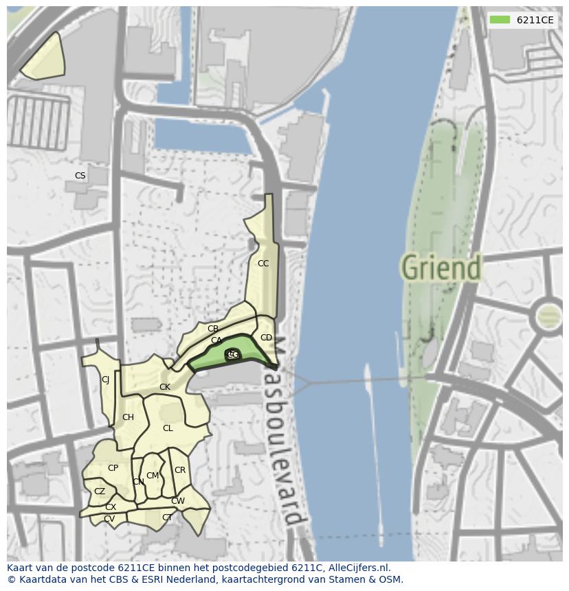 Afbeelding van het postcodegebied 6211 CE op de kaart.