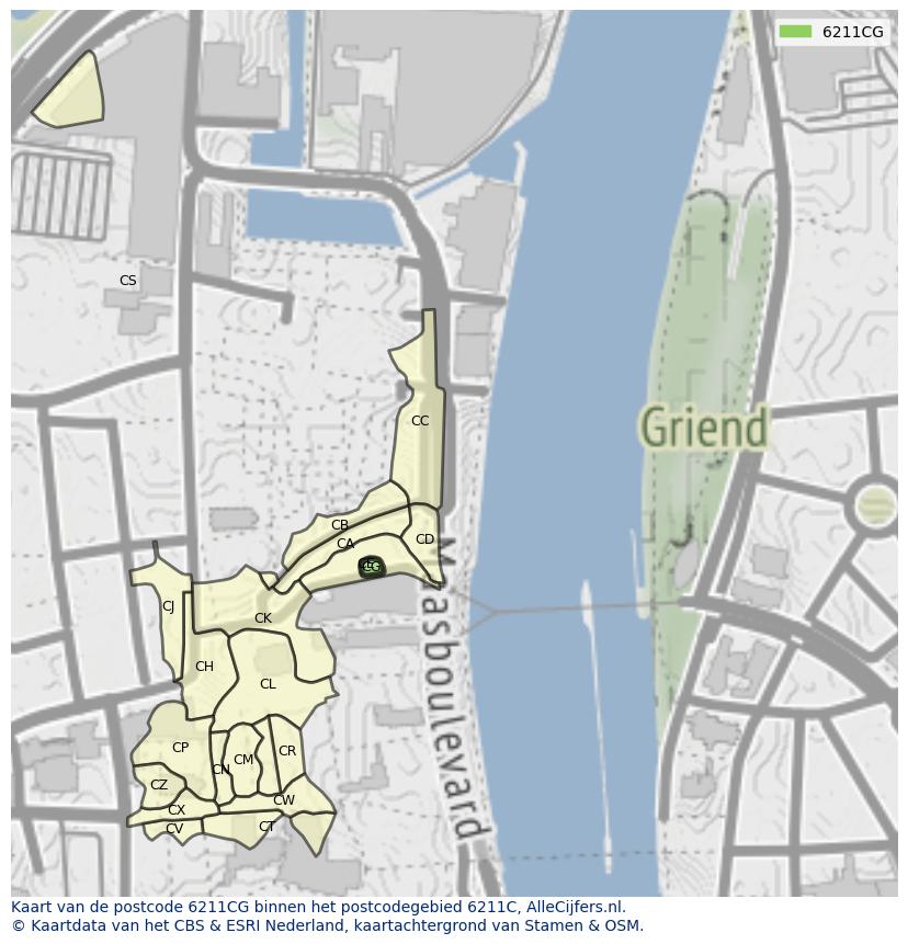 Afbeelding van het postcodegebied 6211 CG op de kaart.
