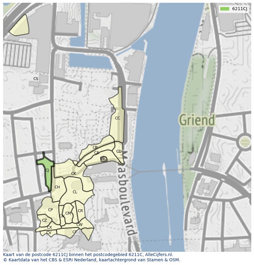 Afbeelding van het postcodegebied 6211 CJ op de kaart.