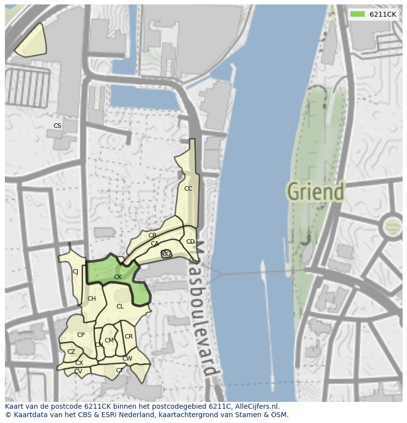 Afbeelding van het postcodegebied 6211 CK op de kaart.