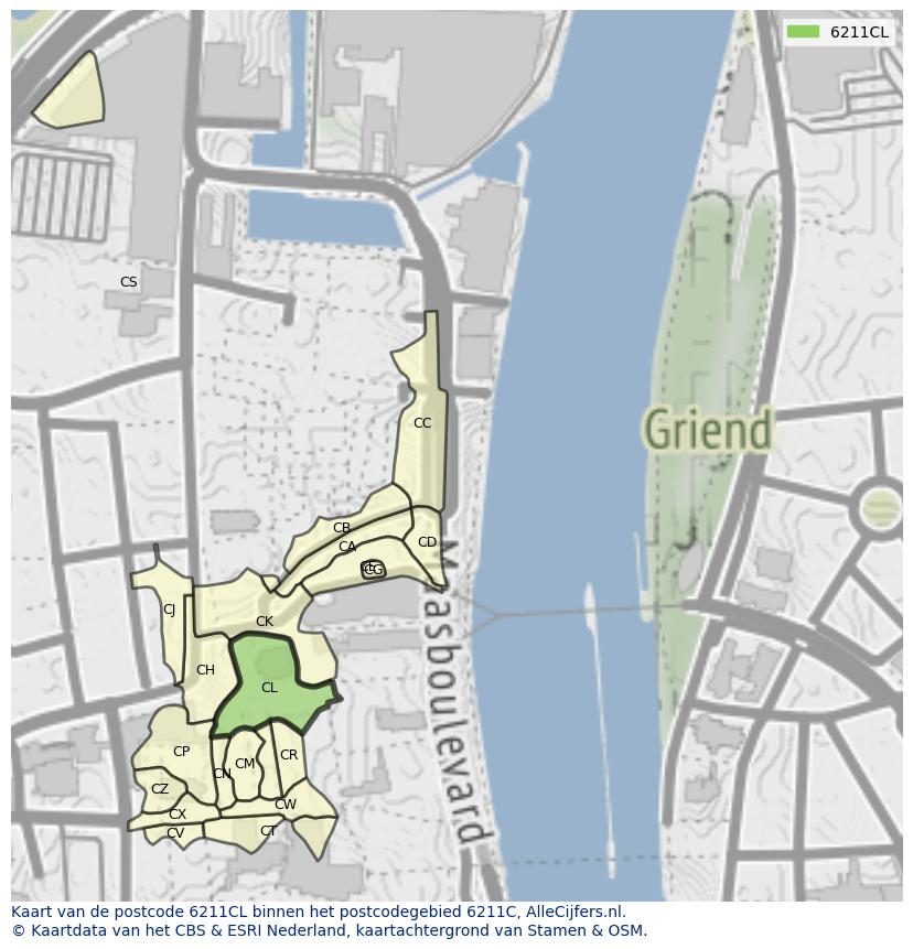 Afbeelding van het postcodegebied 6211 CL op de kaart.