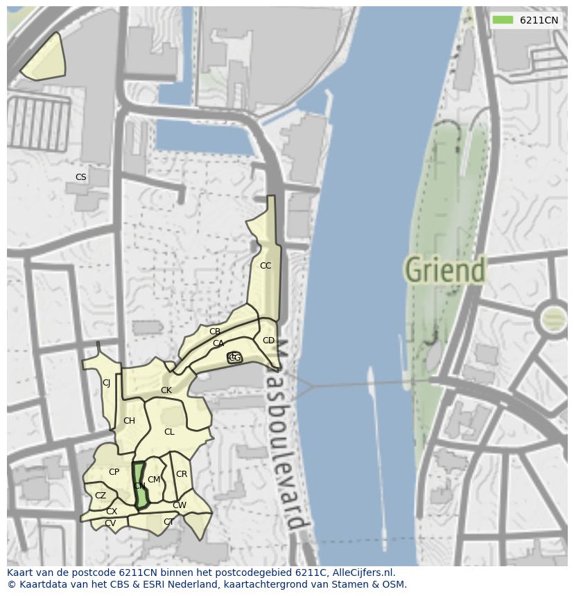 Afbeelding van het postcodegebied 6211 CN op de kaart.
