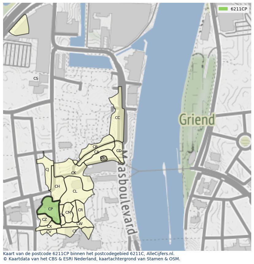 Afbeelding van het postcodegebied 6211 CP op de kaart.