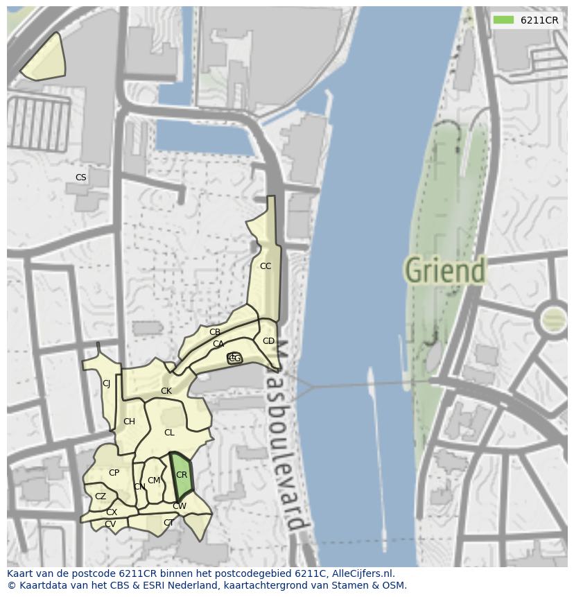 Afbeelding van het postcodegebied 6211 CR op de kaart.