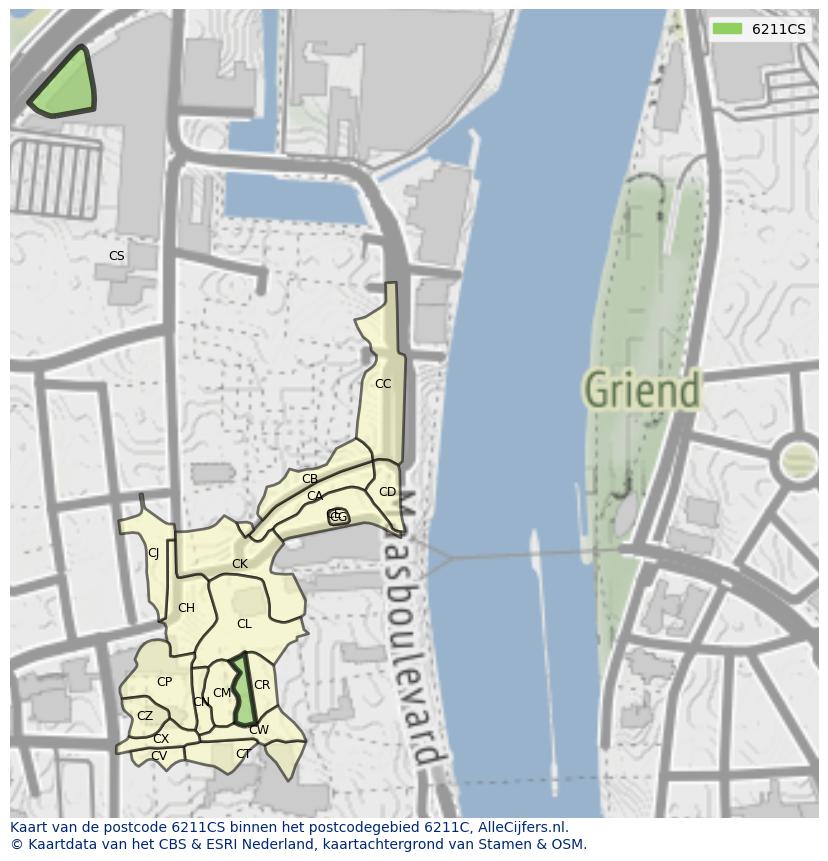 Afbeelding van het postcodegebied 6211 CS op de kaart.