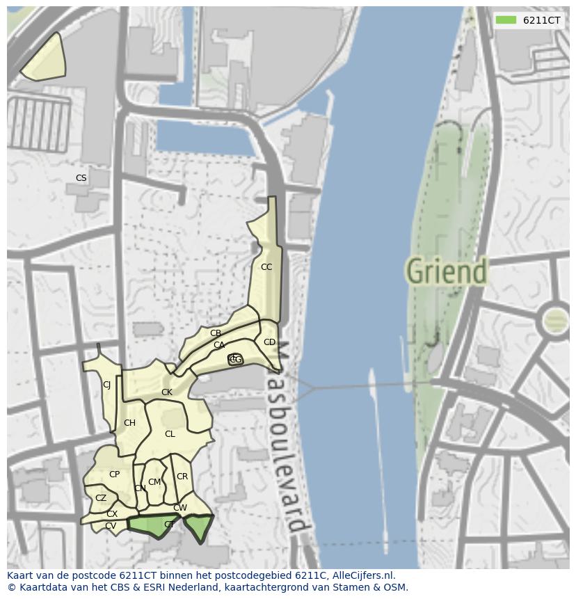 Afbeelding van het postcodegebied 6211 CT op de kaart.