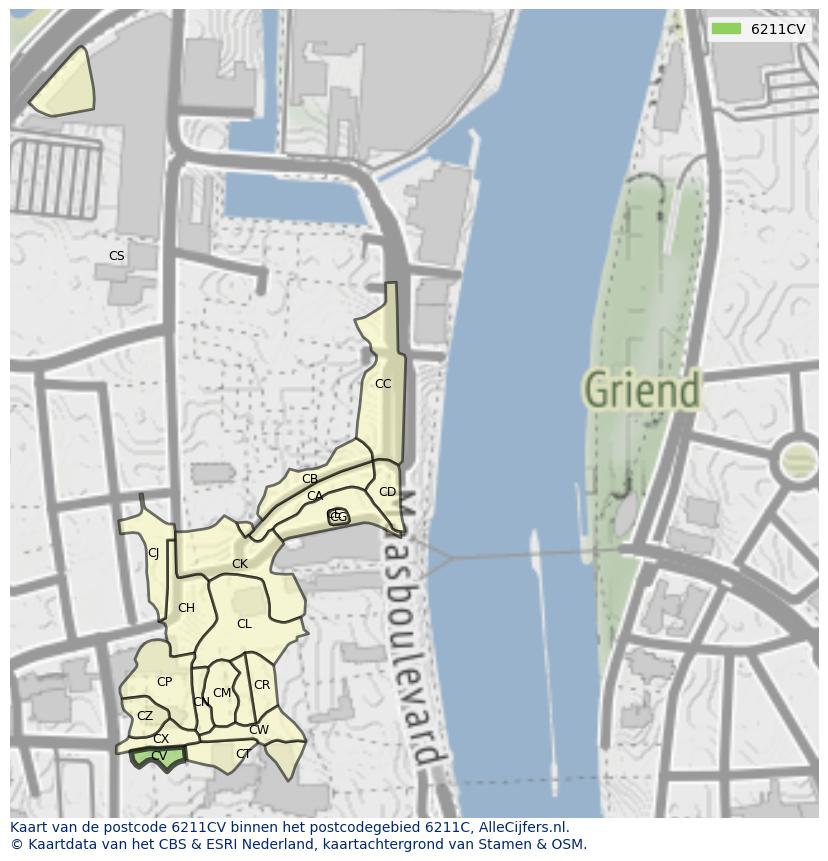 Afbeelding van het postcodegebied 6211 CV op de kaart.