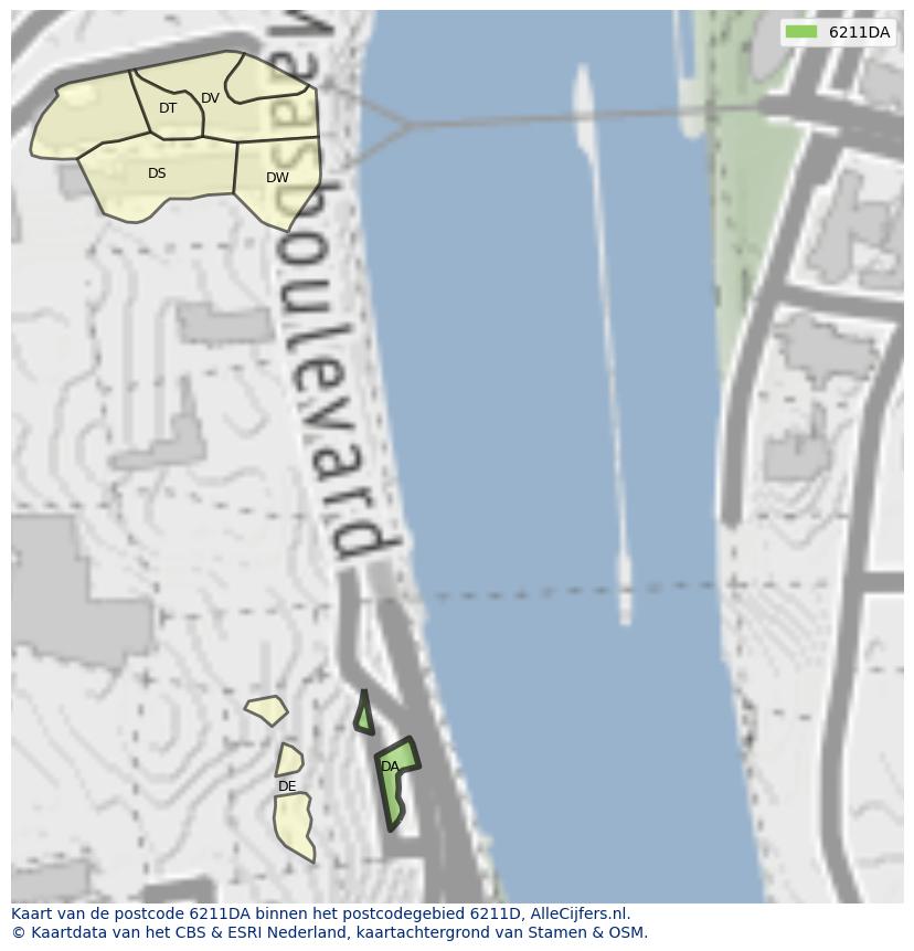 Afbeelding van het postcodegebied 6211 DA op de kaart.