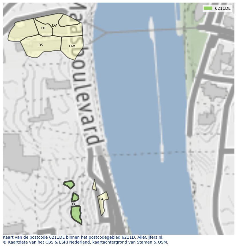 Afbeelding van het postcodegebied 6211 DE op de kaart.