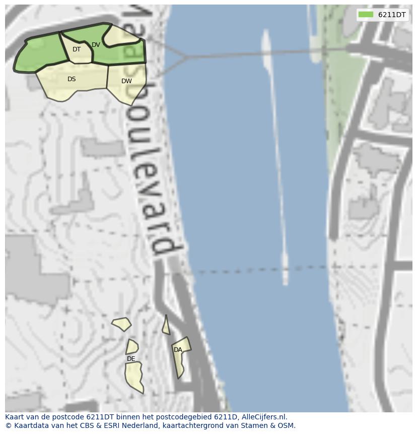 Afbeelding van het postcodegebied 6211 DT op de kaart.