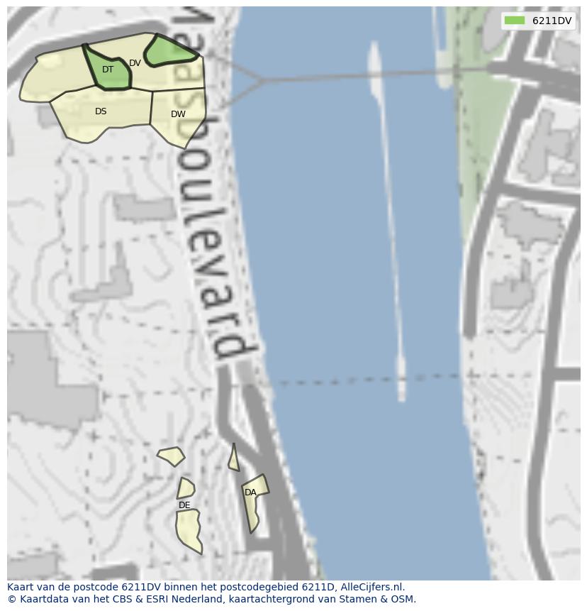 Afbeelding van het postcodegebied 6211 DV op de kaart.