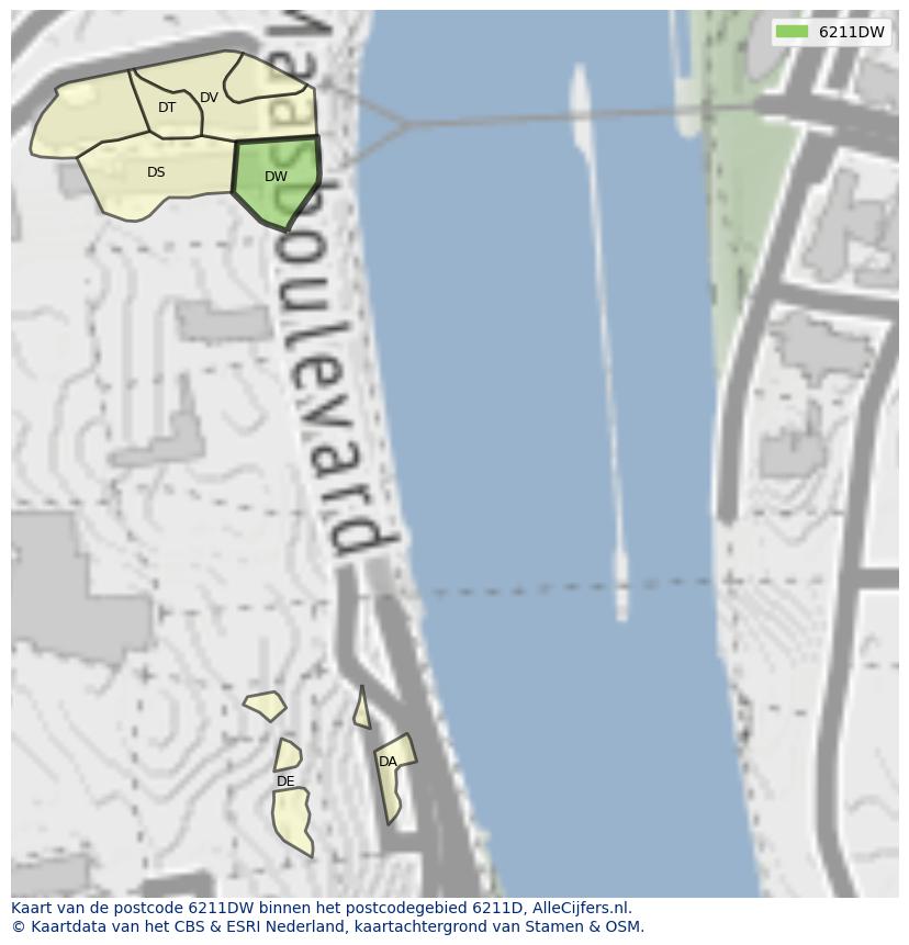 Afbeelding van het postcodegebied 6211 DW op de kaart.
