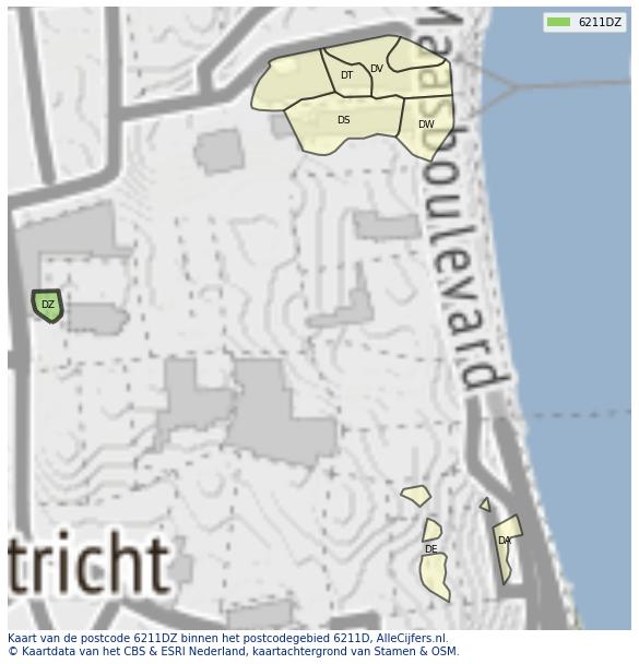 Afbeelding van het postcodegebied 6211 DZ op de kaart.
