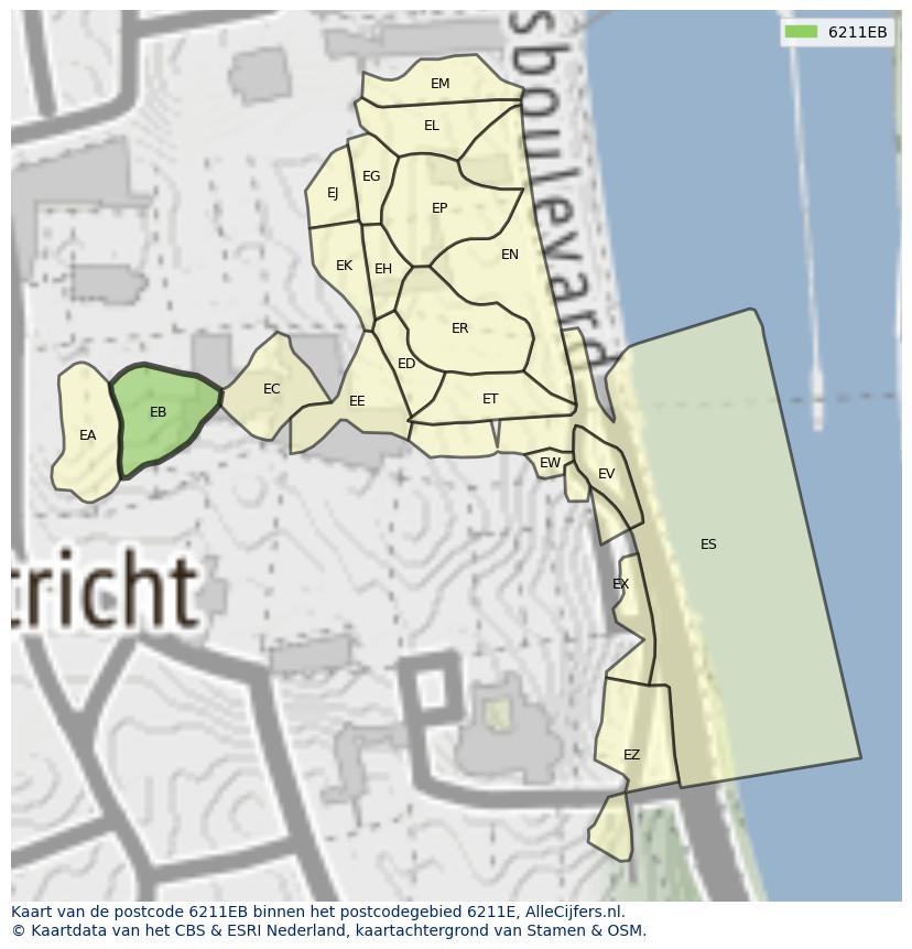 Afbeelding van het postcodegebied 6211 EB op de kaart.