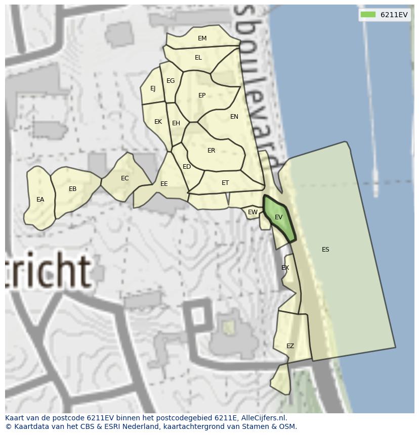 Afbeelding van het postcodegebied 6211 EV op de kaart.