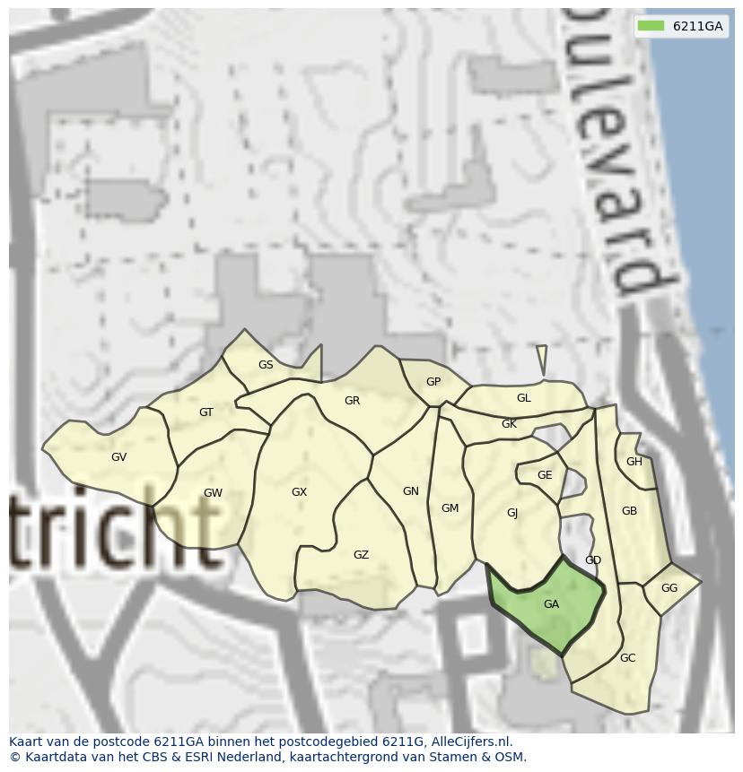 Afbeelding van het postcodegebied 6211 GA op de kaart.