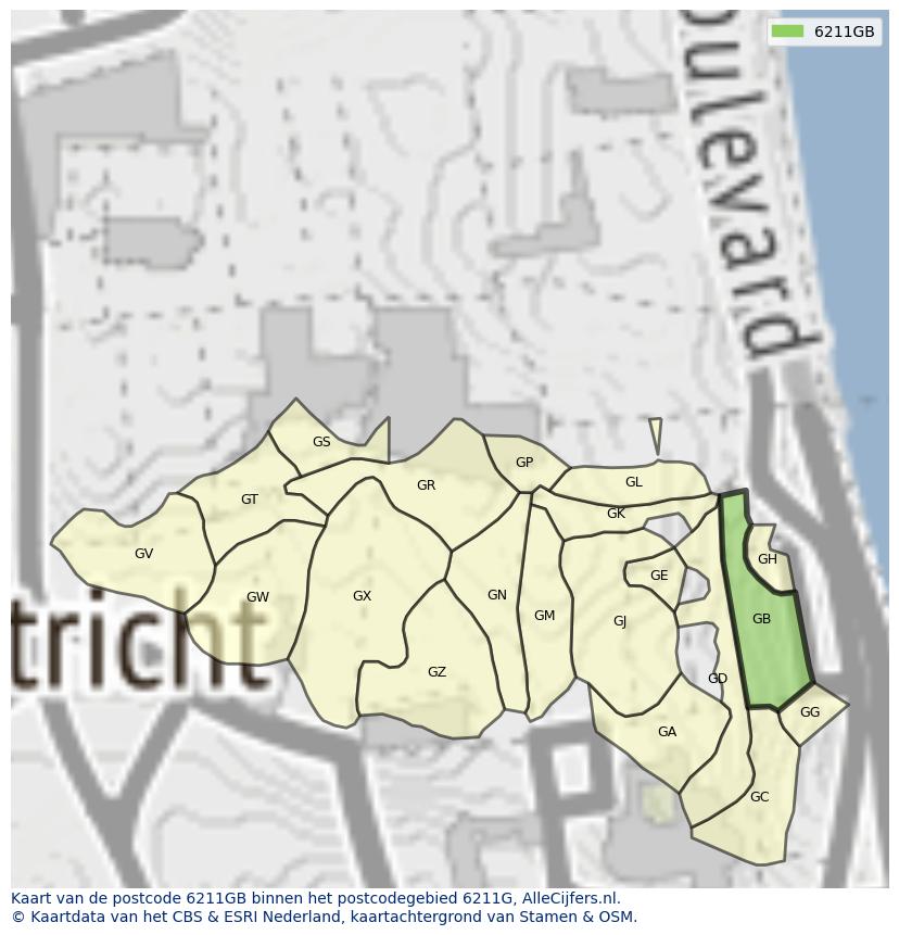 Afbeelding van het postcodegebied 6211 GB op de kaart.