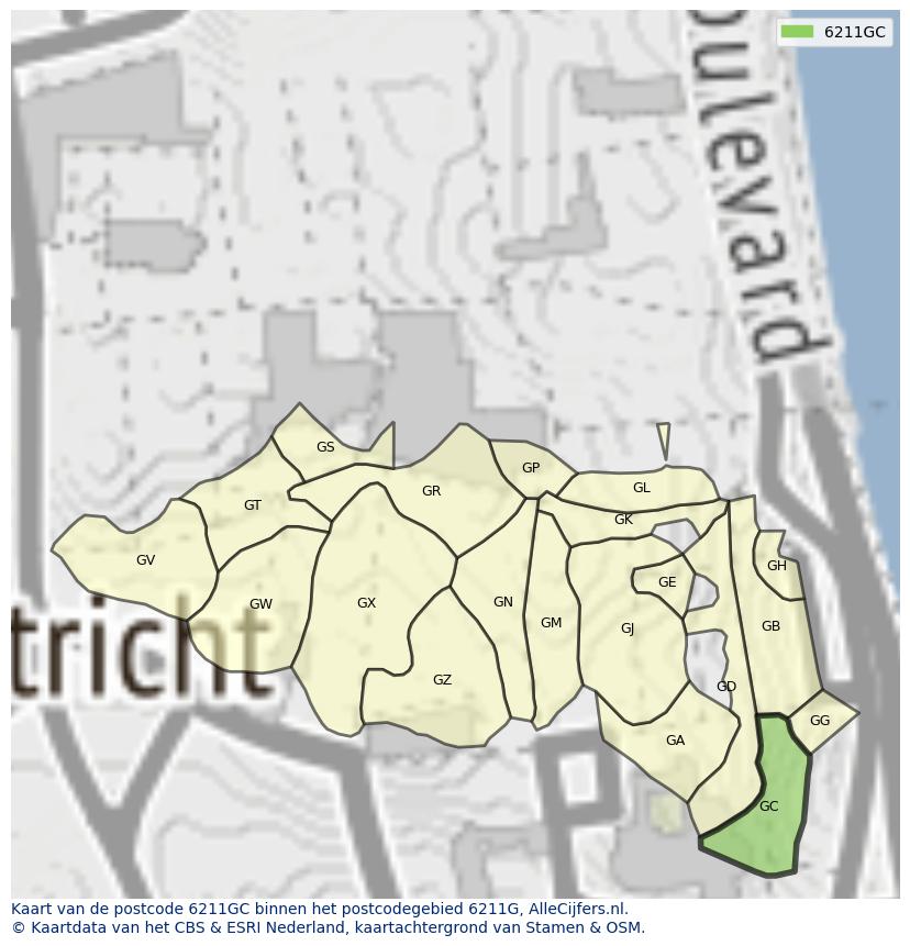 Afbeelding van het postcodegebied 6211 GC op de kaart.