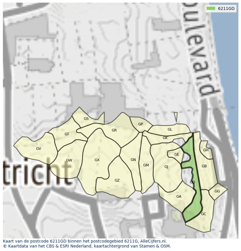 Afbeelding van het postcodegebied 6211 GD op de kaart.
