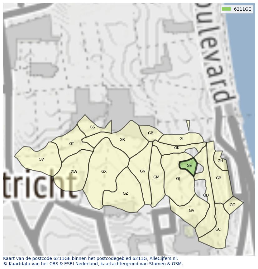 Afbeelding van het postcodegebied 6211 GE op de kaart.