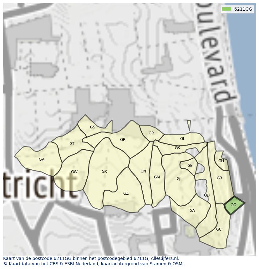 Afbeelding van het postcodegebied 6211 GG op de kaart.