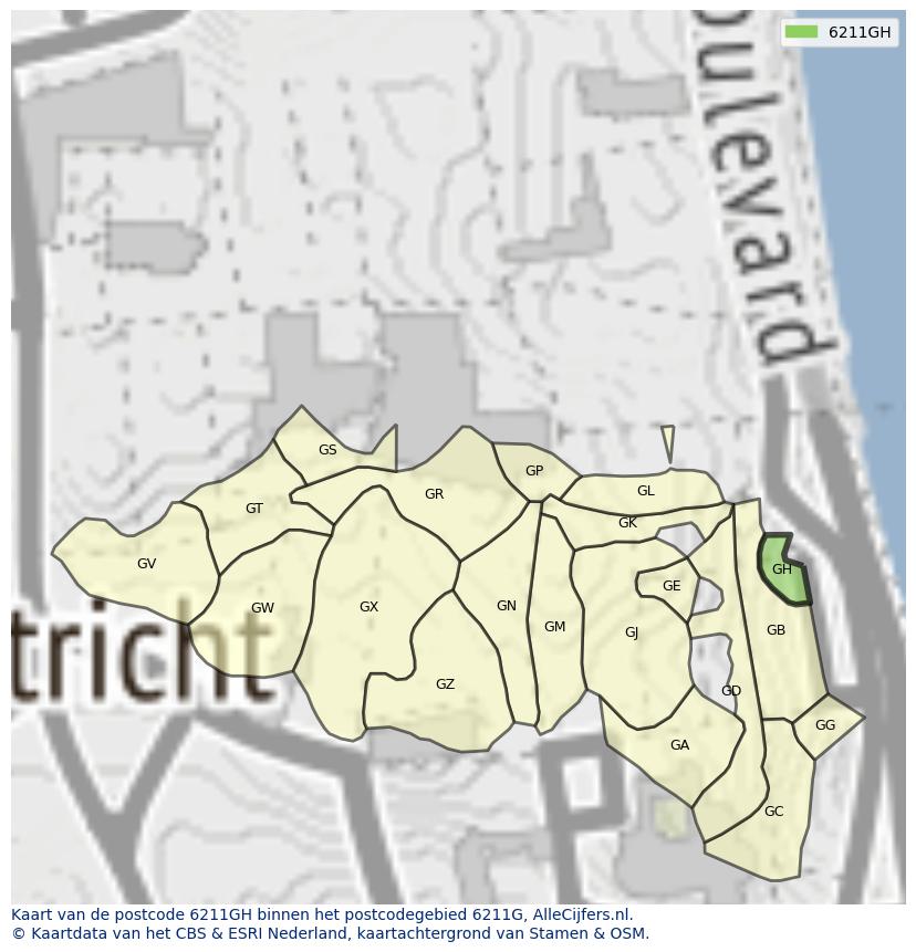 Afbeelding van het postcodegebied 6211 GH op de kaart.