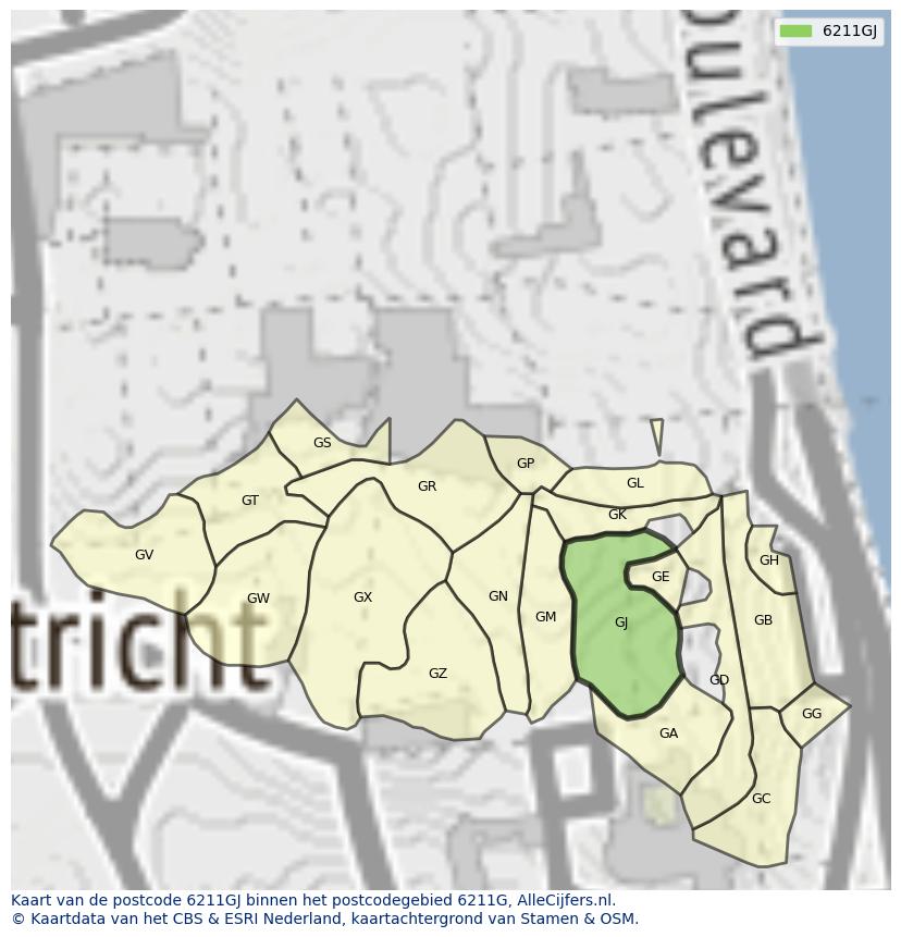 Afbeelding van het postcodegebied 6211 GJ op de kaart.