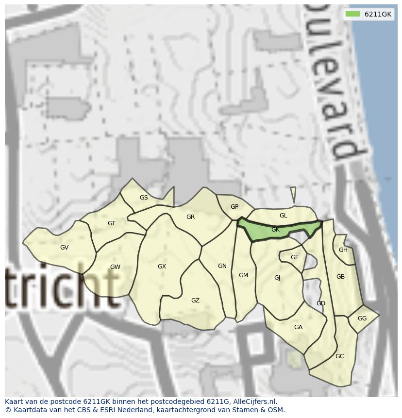 Afbeelding van het postcodegebied 6211 GK op de kaart.