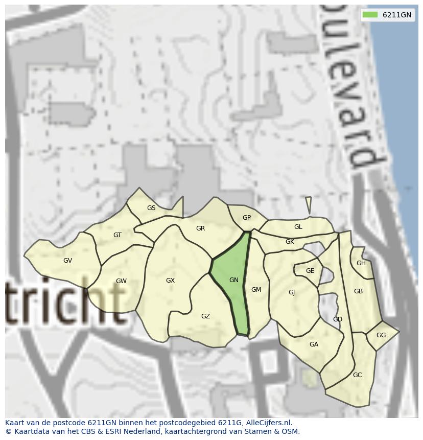 Afbeelding van het postcodegebied 6211 GN op de kaart.