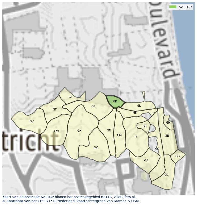 Afbeelding van het postcodegebied 6211 GP op de kaart.