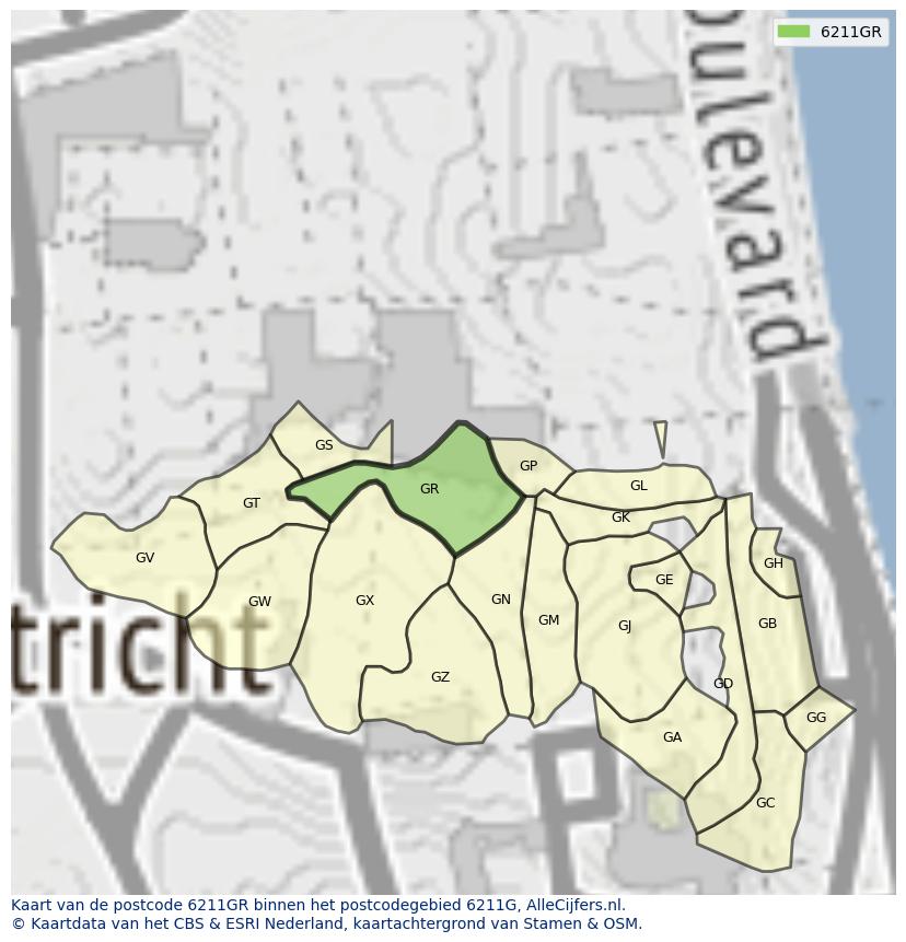 Afbeelding van het postcodegebied 6211 GR op de kaart.