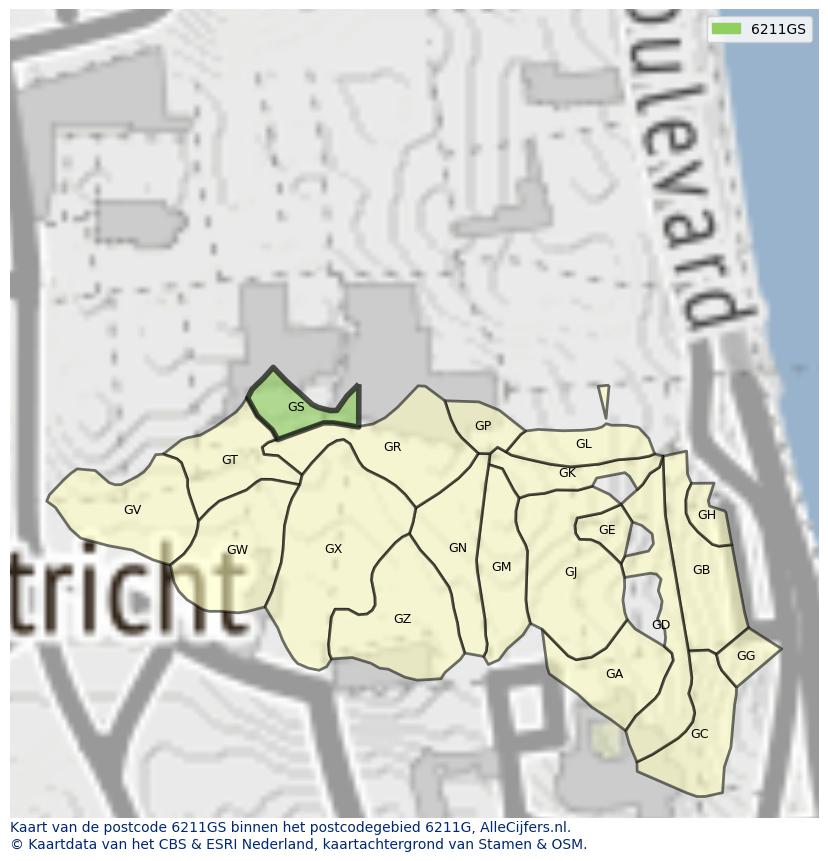 Afbeelding van het postcodegebied 6211 GS op de kaart.