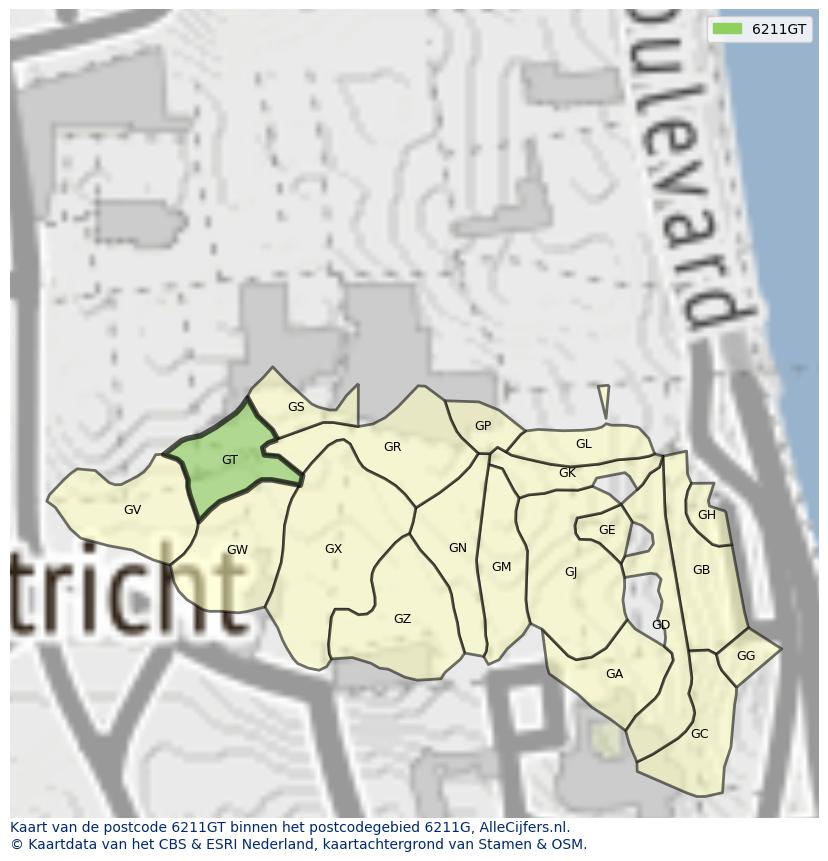 Afbeelding van het postcodegebied 6211 GT op de kaart.