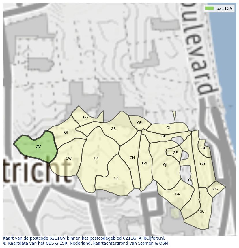 Afbeelding van het postcodegebied 6211 GV op de kaart.