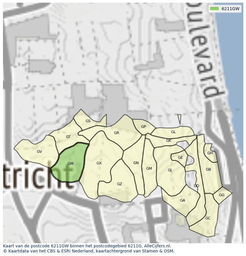 Afbeelding van het postcodegebied 6211 GW op de kaart.