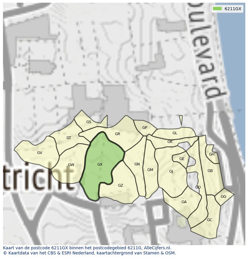 Afbeelding van het postcodegebied 6211 GX op de kaart.