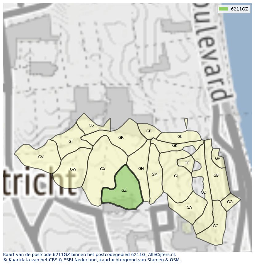 Afbeelding van het postcodegebied 6211 GZ op de kaart.