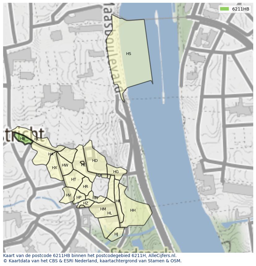 Afbeelding van het postcodegebied 6211 HB op de kaart.